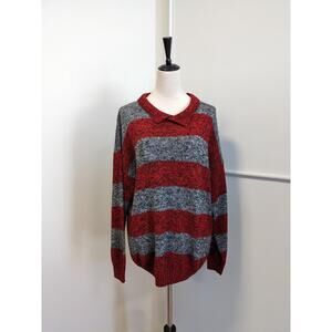 Vintage 70s Striped Sweater L Red Gray Knit Pullover Collared Retro Streetwear